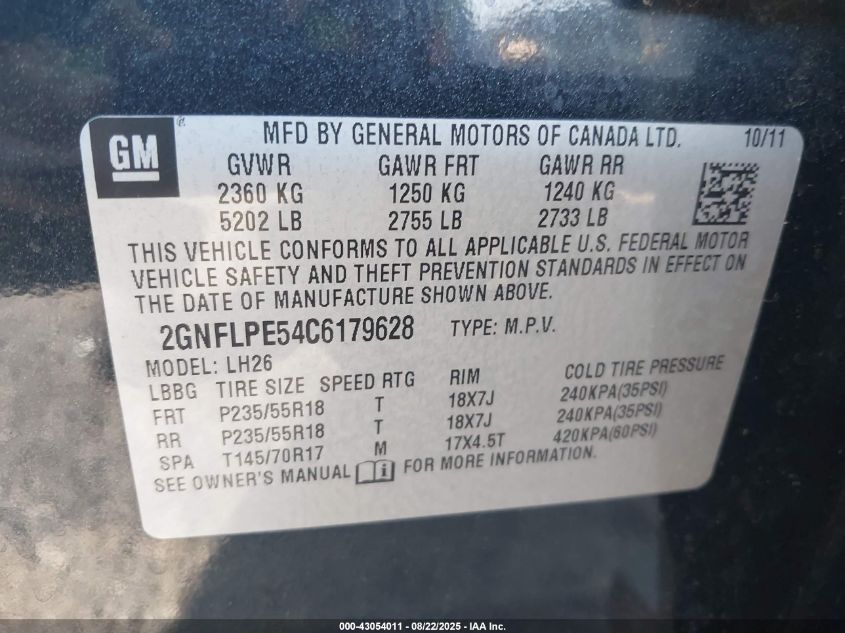 2012 Chevrolet Equinox 2Lt VIN: 2GNFLPE54C6179628 Lot: 43054011