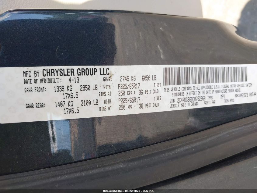 2013 Dodge Grand Caravan Se VIN: 2C4RDGBG9DR762060 Lot: 43054163