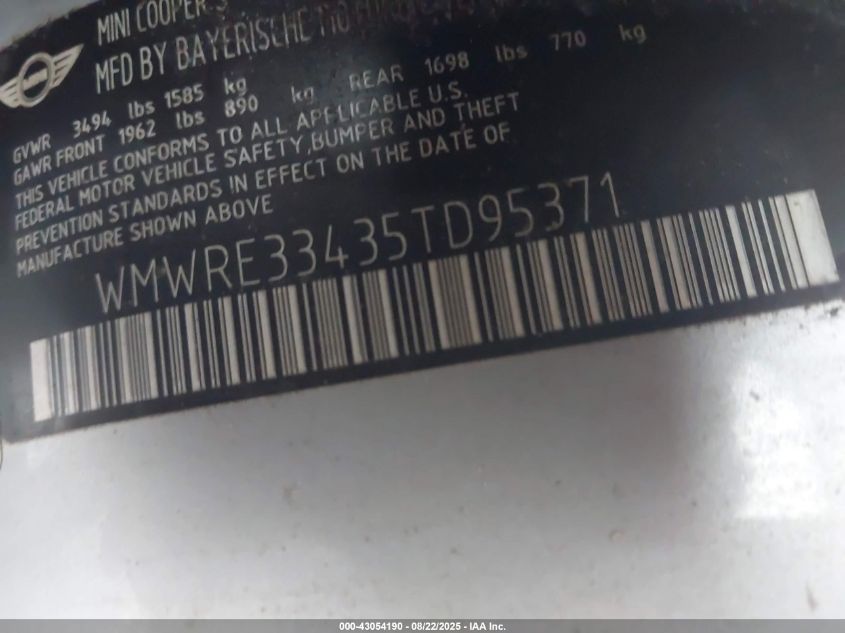 2005 Mini Cooper S VIN: WMWREB3435D95371 Lot: 43054190