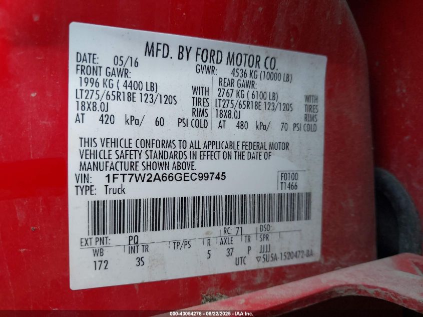 2016 Ford F-250 Xlt VIN: 1FT7W2A66GEC99745 Lot: 43054276