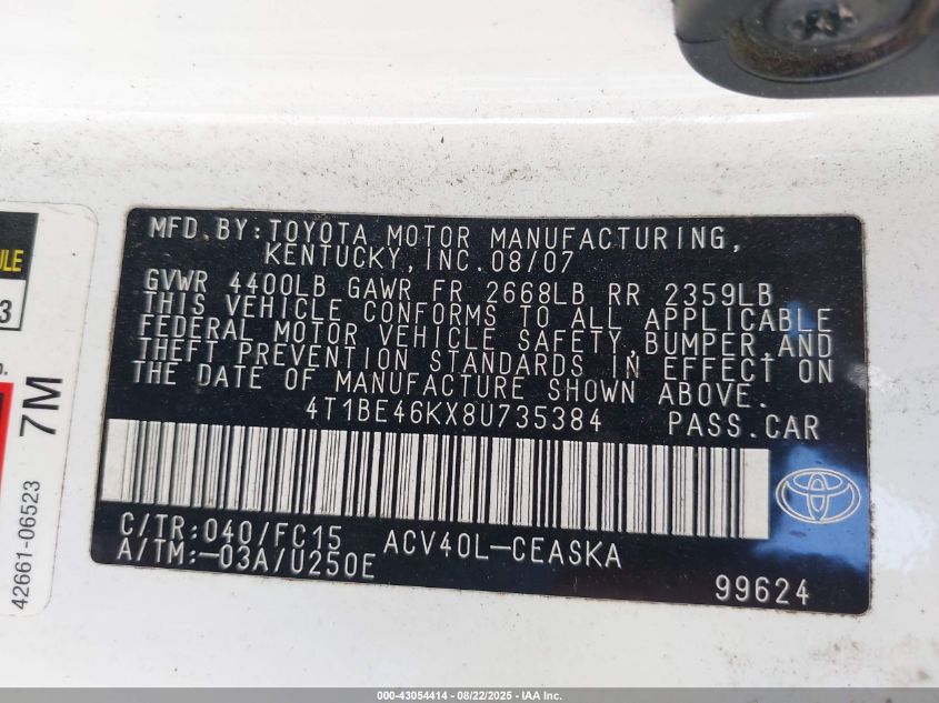 2008 Toyota Camry Se VIN: 4T1BE46KX8U735384 Lot: 43054414