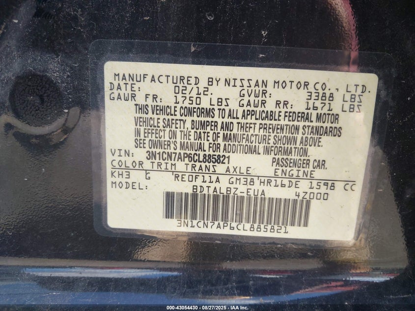 2012 Nissan Versa 1.6 Sv VIN: 3N1CN7AP6CL885821 Lot: 43054430