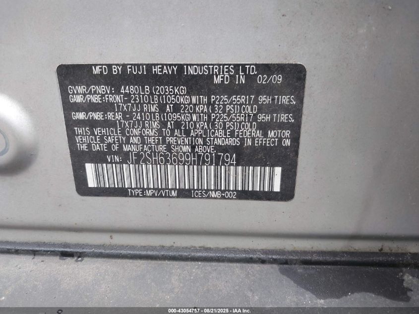 2009 Subaru Forester 2.5X VIN: JF2SH63699H791794 Lot: 43054757