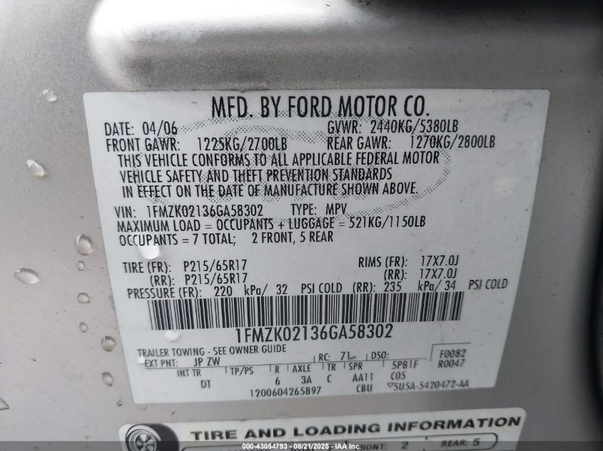 2006 Ford Freestyle Sel VIN: 1FMZK02136GA58302 Lot: 43054793