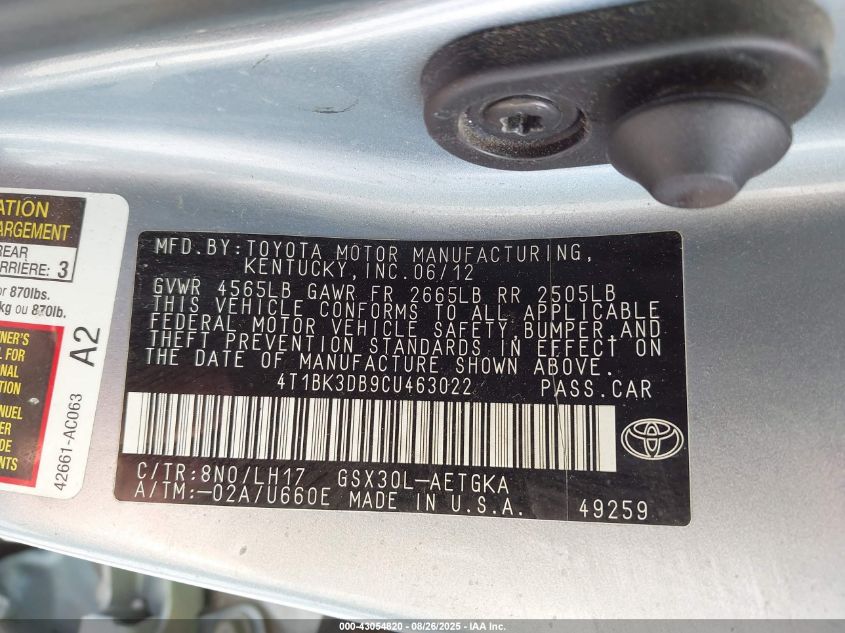 2012 Toyota Avalon VIN: 4T1BK3DB9CU463022 Lot: 43054820