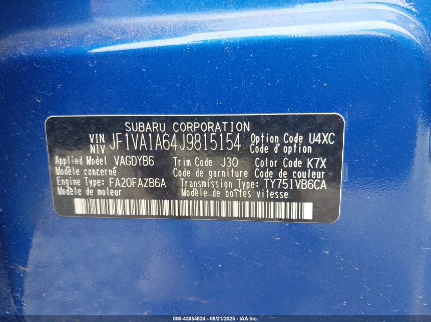 2018 Subaru Wrx VIN: JF1VA1A64J9815154 Lot: 43377070