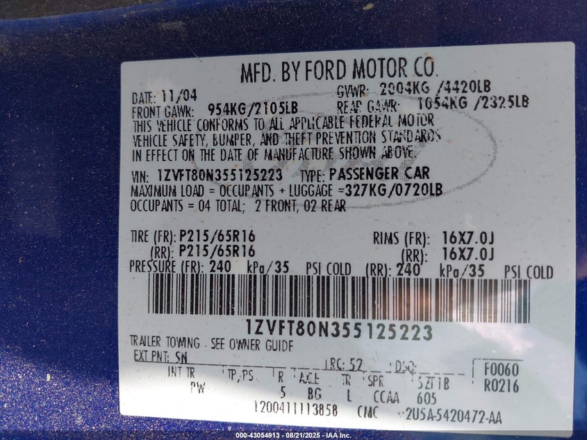 2005 Ford Mustang V6 Deluxe/V6 Premium VIN: 1ZVFT80N355125223 Lot: 43054913