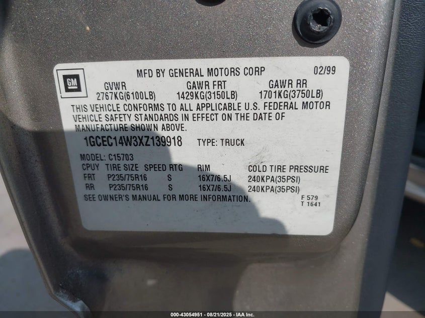 1999 Chevrolet Silverado 1500 Ls VIN: 1GCEC14W3XZ139918 Lot: 43054951