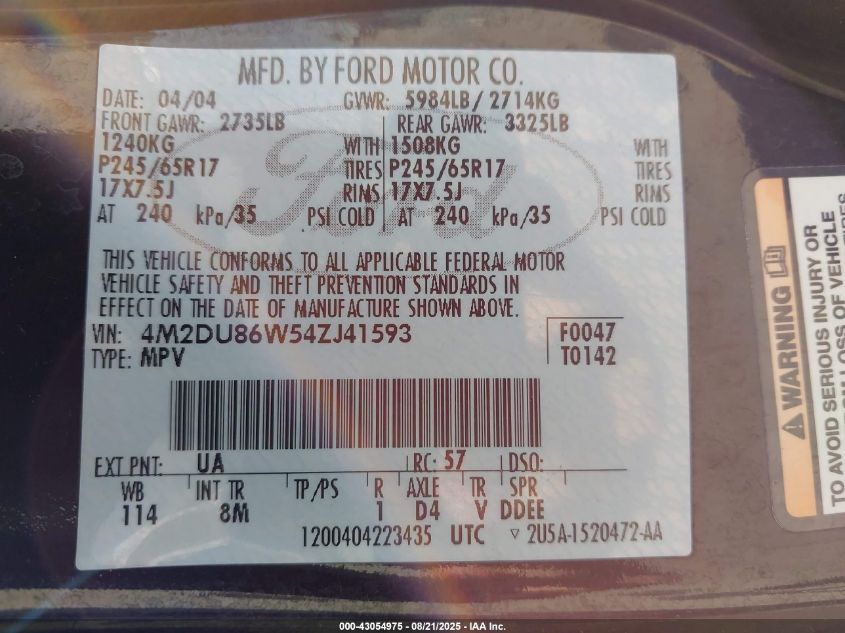 2004 Mercury Mountaineer VIN: 4M2DU86W54ZJ41593 Lot: 43054975