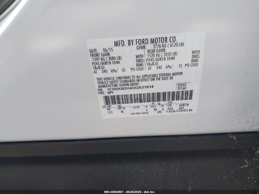 2016 Ford Explorer Xlt VIN: 1FM5K8DH4GGA31814 Lot: 43054987