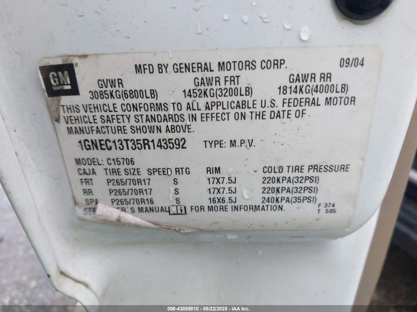 2005 Chevrolet Tahoe Lt VIN: 1GNEC13T35R143592 Lot: 43055010