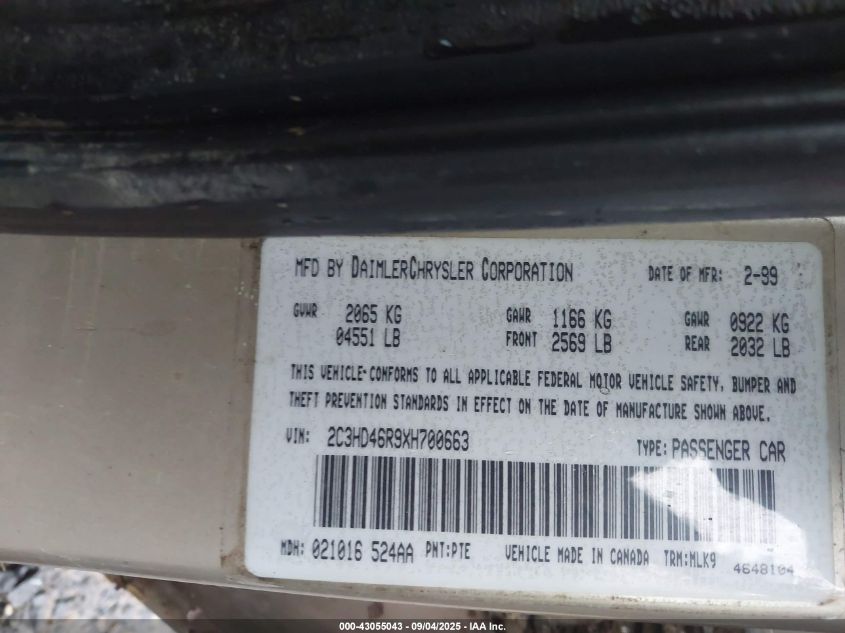 1999 Chrysler Concorde Lx VIN: 2C3HD46R9XH700663 Lot: 43055043