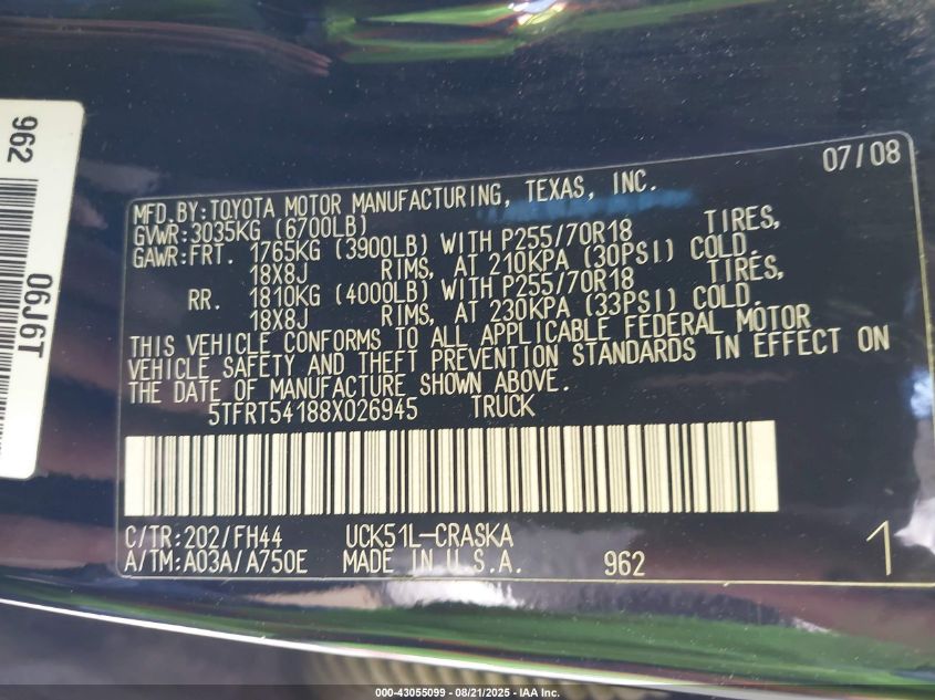 2008 Toyota Tundra Base 4.7L V8 VIN: 5TFRT54188X026945 Lot: 43055099