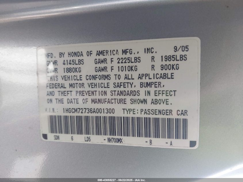 2006 Honda Accord 2.4 Ex VIN: 1HGCM72736A001300 Lot: 43055227