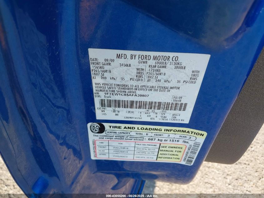 2010 Ford F-150 Fx2 Sport/Xl/Xlt VIN: 1FTEW1C85AFA39807 Lot: 43055266