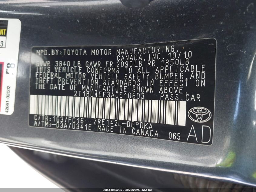 2010 Toyota Corolla Le VIN: 2T1BU4EE3AC510603 Lot: 43055295