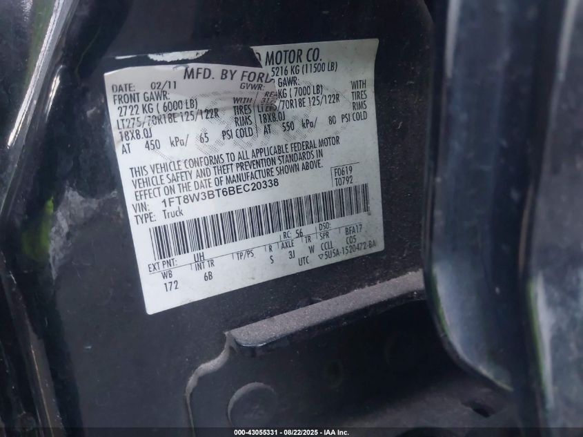 2011 Ford F-350 Lariat VIN: 1FT8W3BT6BEC20338 Lot: 43055331