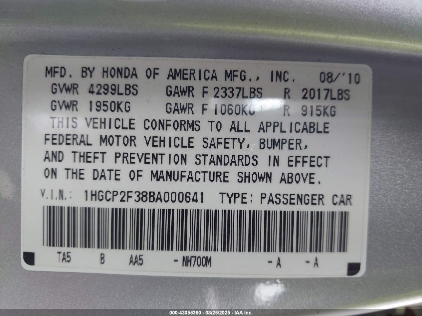 2011 Honda Accord 2.4 Lx VIN: 1HGCP2F38BA000641 Lot: 43055360