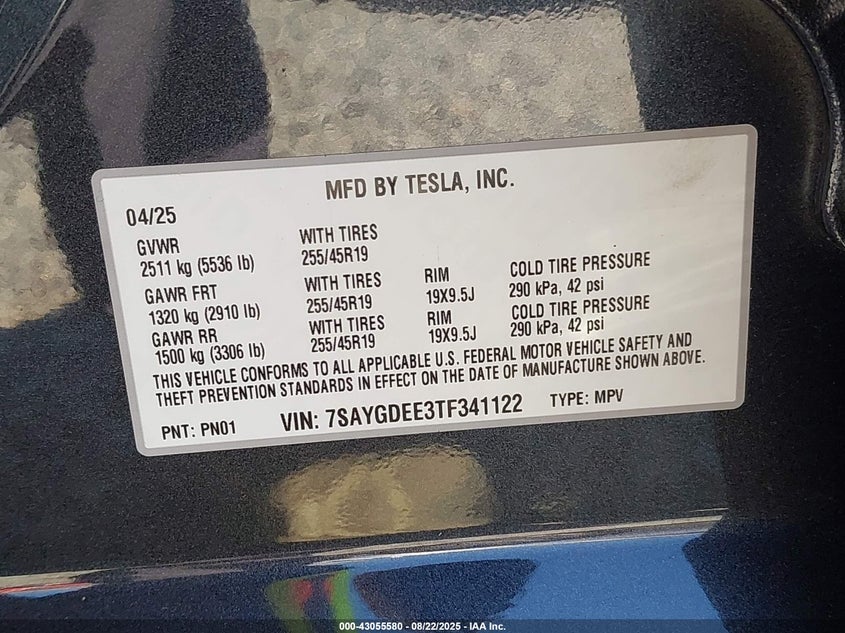 VIN 7SAYGDEE3TF341122 2026 TESLA MODEL Y LONG RANGE DUAL MOTOR ALL-WHEEL DRIVE/LONG RANGE LAUNCH SERIES