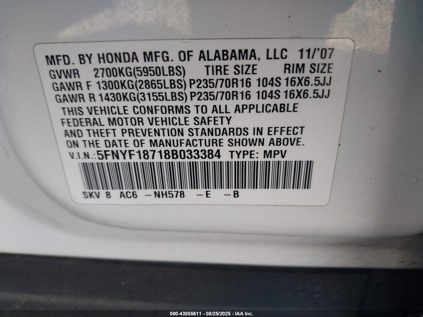 2008 Honda Pilot Ex-L VIN: 5FNYF18718B033384 Lot: 43055611