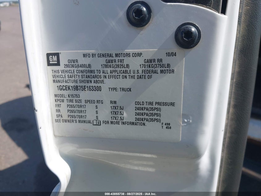 2005 Chevrolet Silverado 1500 Z71 VIN: 1GCEK19B75E163300 Lot: 43055738