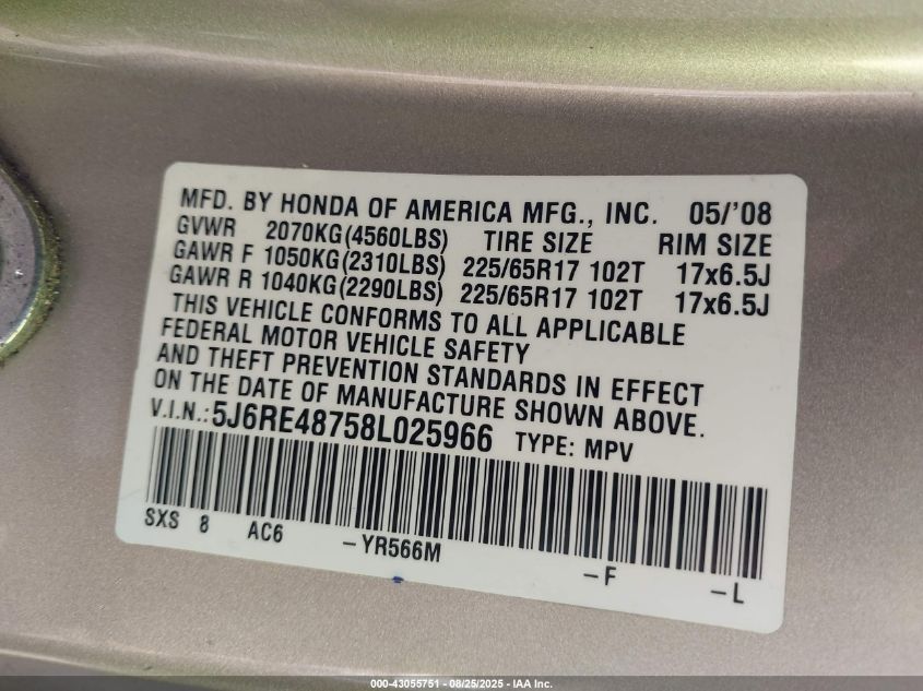 2008 Honda Cr-V Ex-L VIN: 5J6RE48758L025966 Lot: 43055751