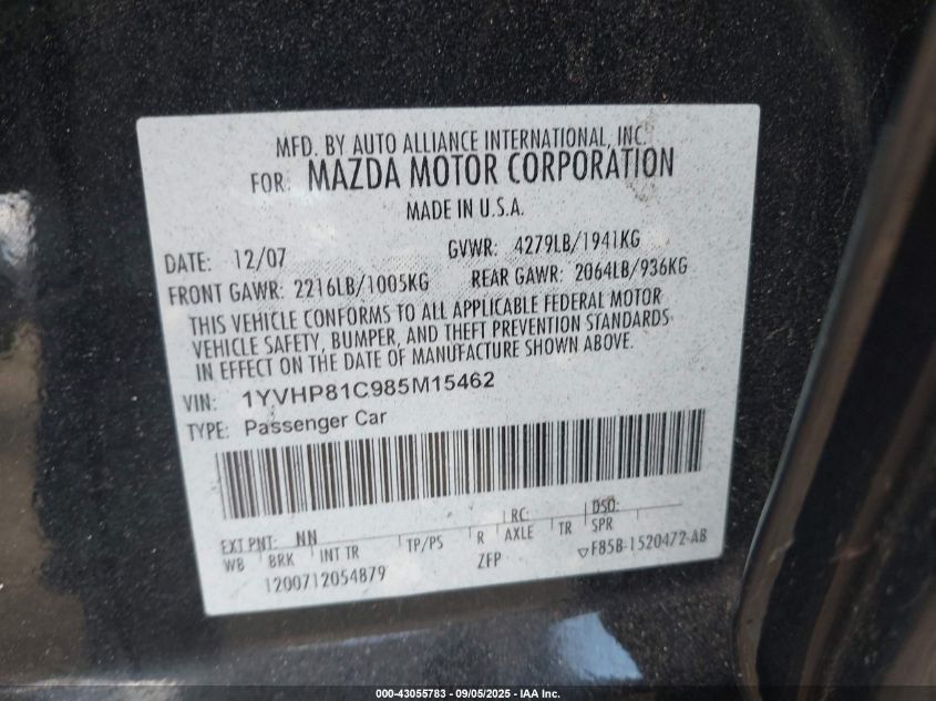2008 Mazda Mazda6 I Grand Touring VIN: 1YVHP81C985M15462 Lot: 43055783