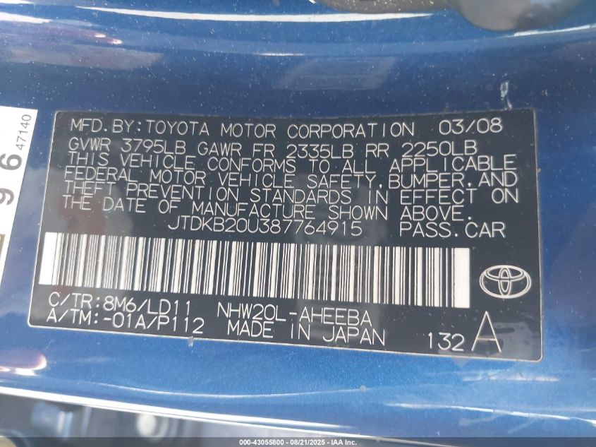 2008 Toyota Prius Touring VIN: JTDKB20U387764915 Lot: 43055800