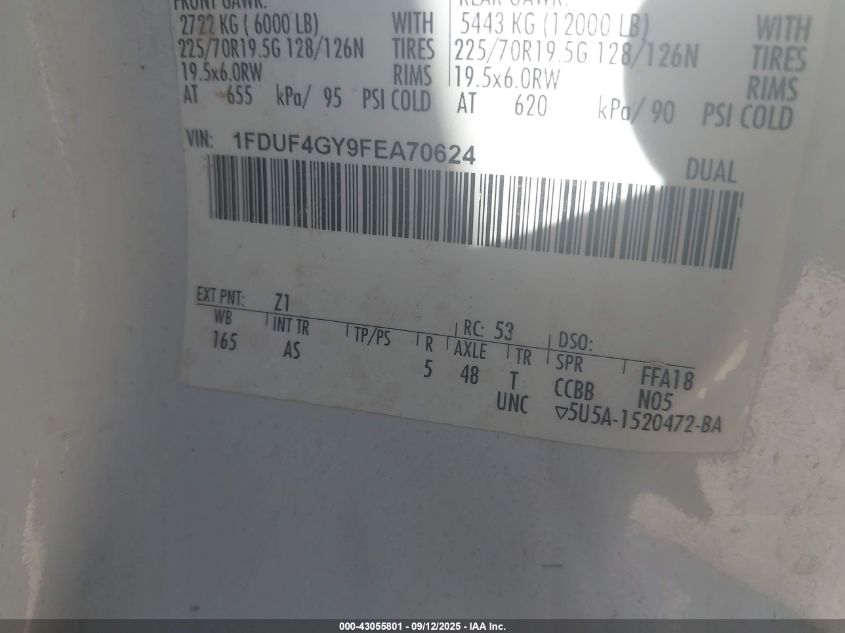 2015 Ford F-450 Chassis Xl VIN: 1FDUF4GY9FEA70624 Lot: 43055801