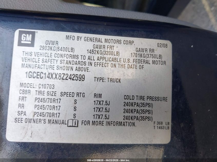 2008 Chevrolet Silverado 1500 Work Truck VIN: 1GCEC14XX8Z242599 Lot: 43055839