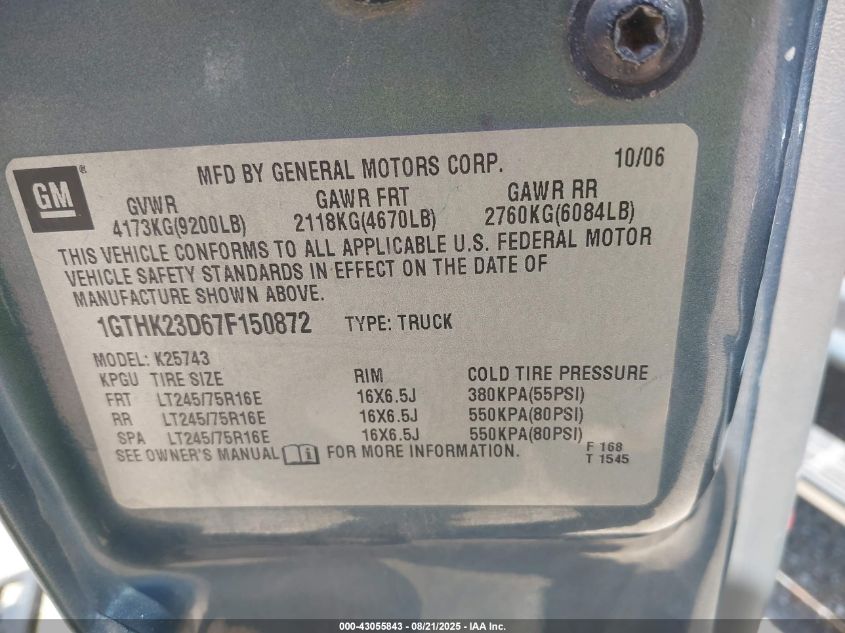 2007 GMC Sierra 2500Hd Classic Slt VIN: 1GTHK23D67F150872 Lot: 43055843