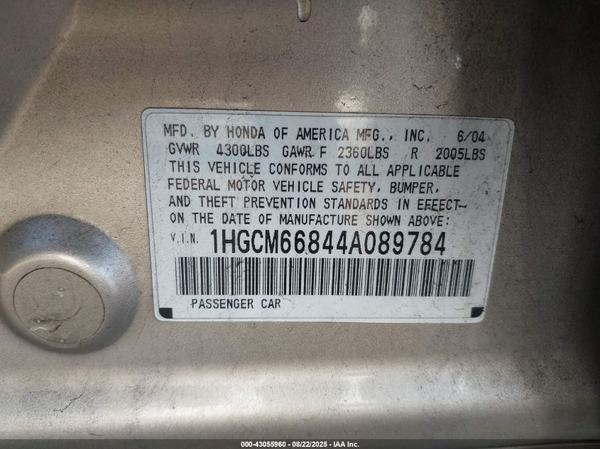 2004 Honda Accord 3.0 Ex VIN: 1HGCM66844A089784 Lot: 43055960
