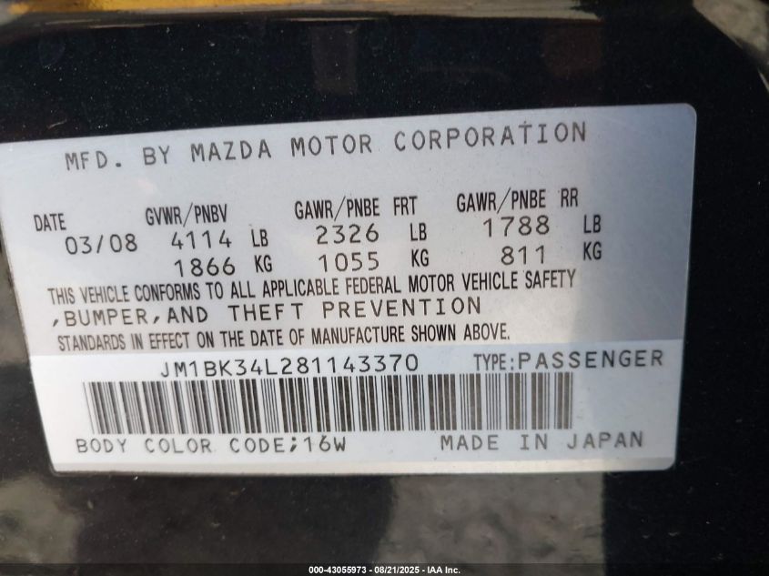 2008 Mazda Mazdaspeed3 Grand Touring VIN: JM1BK34L281143370 Lot: 43055973