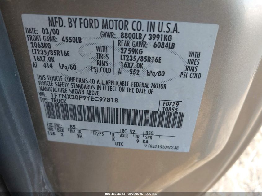 2000 Ford F-250 Lariat/Xl/Xlt VIN: 1FTNX20F9YEC97818 Lot: 43056024