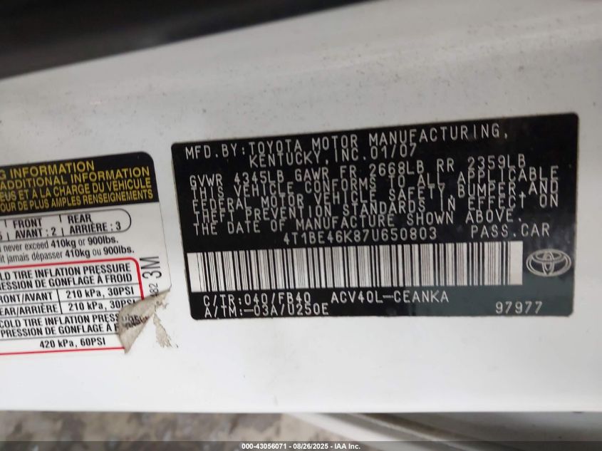 2007 Toyota Camry Le VIN: 4T1BE46K87U650803 Lot: 43056071