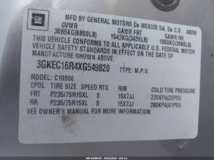1999 GMC Suburban 1500 Slt Cmi VIN: 3GKEC16R4XG549820 Lot: 43056187