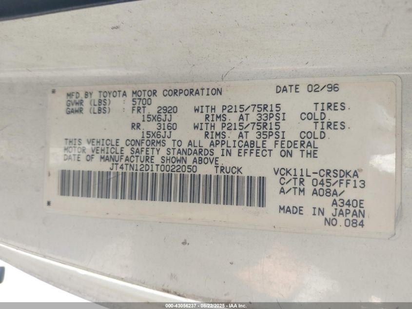 1996 Toyota T100 Xtracab VIN: JT4TN12D1T0022050 Lot: 43056237