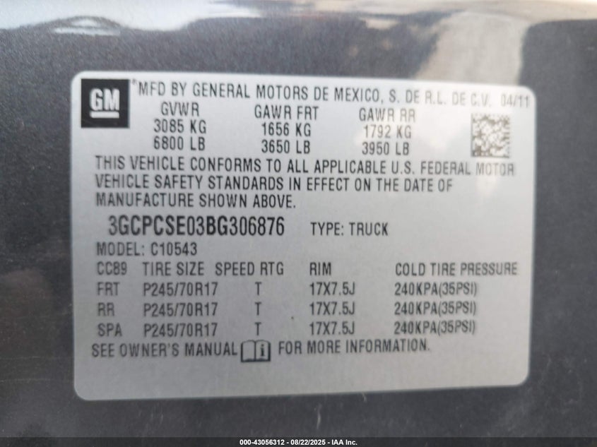 2011 Chevrolet Silverado 1500 Lt VIN: 3GCPCSE03BG306876 Lot: 43056312