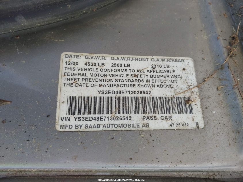 2001 Saab 9-5 VIN: YS3ED48E713026542 Lot: 43056354