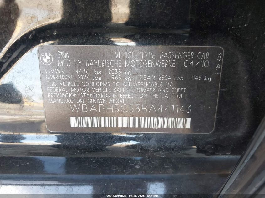 2011 BMW 328I VIN: WBAPH5C53BA441143 Lot: 43056522