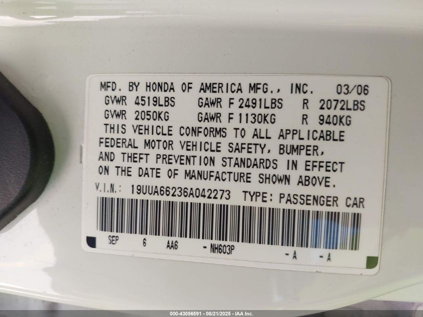 2006 Acura Tl VIN: 19UUA66236A042273 Lot: 43056591