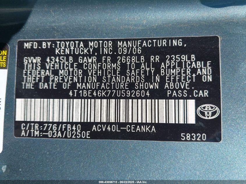 2007 Toyota Camry Le VIN: 4T1BE46K77U592604 Lot: 43056713