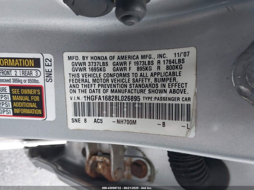 2008 Honda Civic Ex VIN: 1HGFA16828L026895 Lot: 43056722