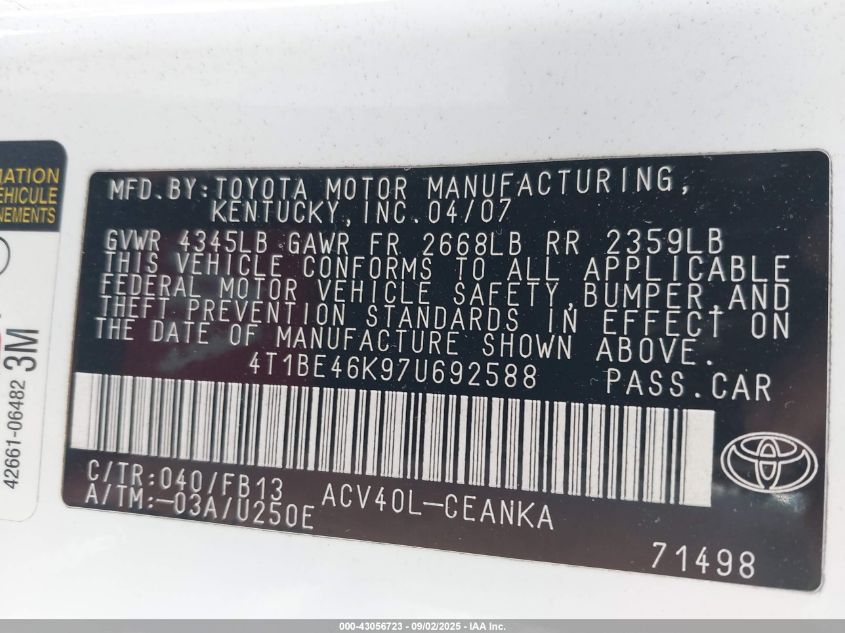 2007 Toyota Camry Le VIN: 4T1BE46K97U692588 Lot: 43056723