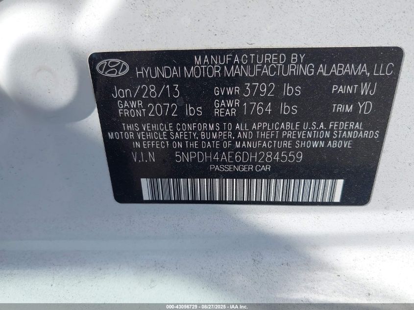 2013 Hyundai Elantra Gls VIN: 5NPDH4AE6DH284559 Lot: 43056729