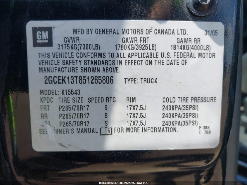 2005 Chevrolet Silverado 1500 Ls VIN: 2GCEK13T851265806 Lot: 43056807