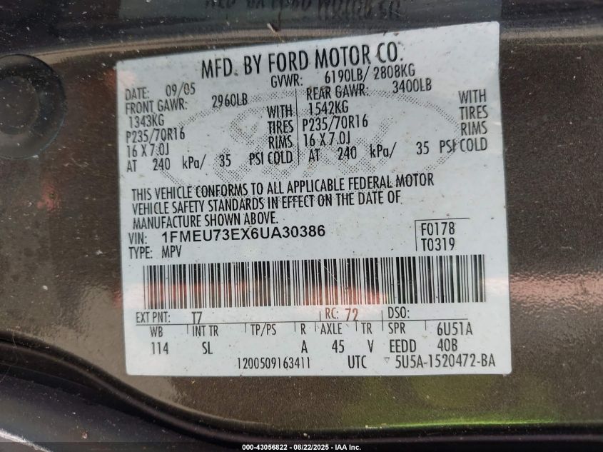 2006 Ford Explorer Xlt VIN: 1FMEU73EX6UA30386 Lot: 43056822