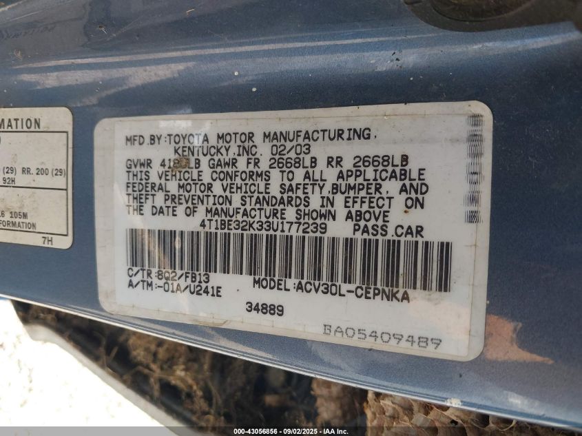 2003 Toyota Camry Le VIN: 4T1BE32K33U177239 Lot: 43056856