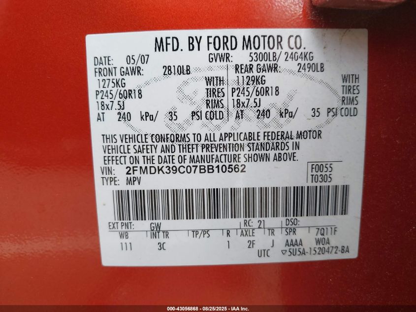 2007 Ford Edge Sel Plus VIN: 2FMDK39C07BB10562 Lot: 43056868