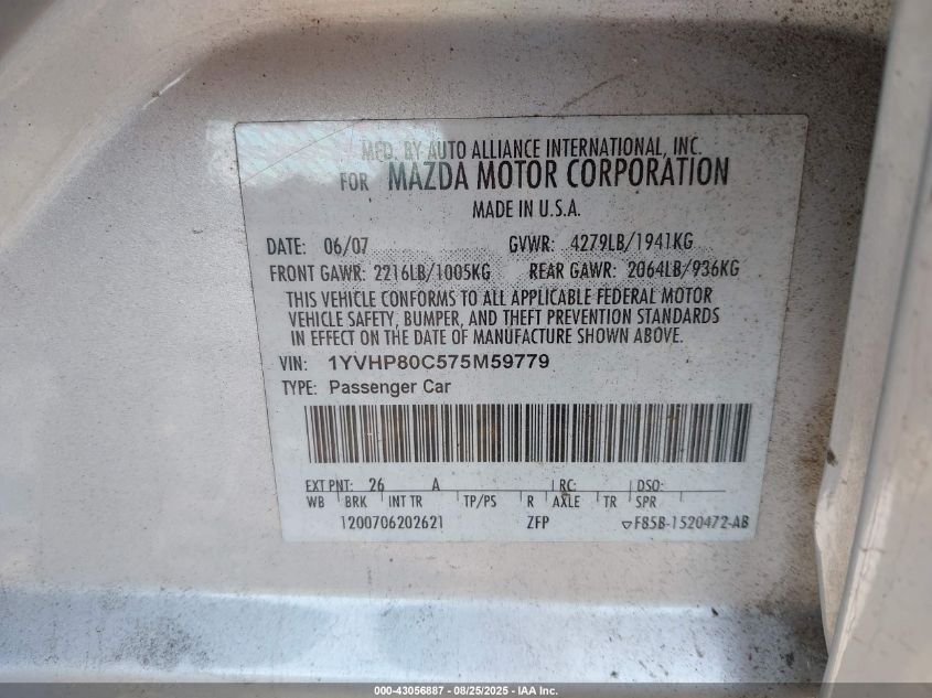 2007 Mazda Mazda6 I Sport Ve VIN: 1YVHP80C575M59779 Lot: 43056887